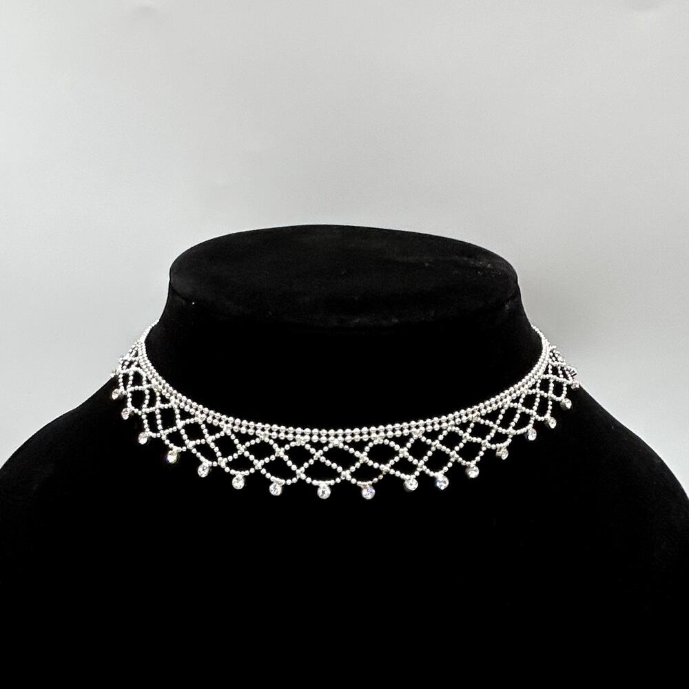 Vintage 90's Givenchy Rhinestone Choker Necklace Lace Mesh Collar Silver Tone
